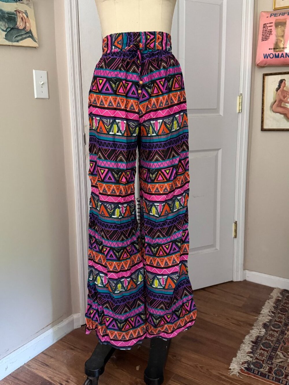 VINTAGE Y2K Denimlicious Abstract Stretch Waist PALAZZO Pants *SMALL* B7
